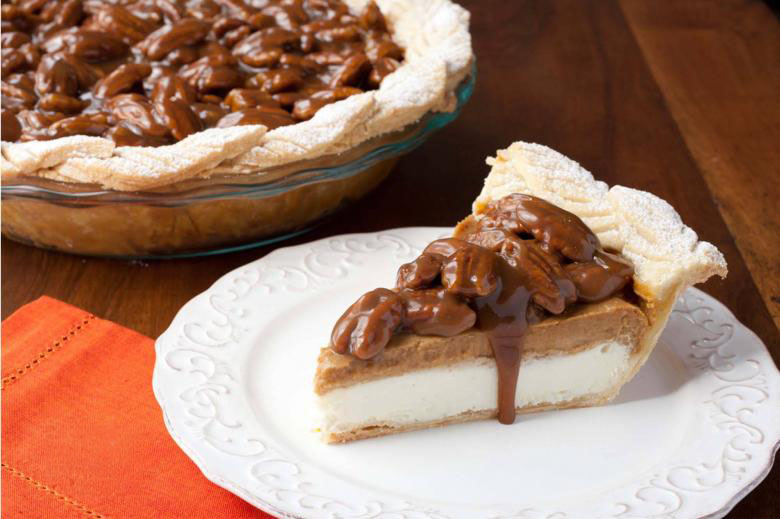 Pumpkin Cream Cheese Pie With Bourbon Pecan Caramel Sauce