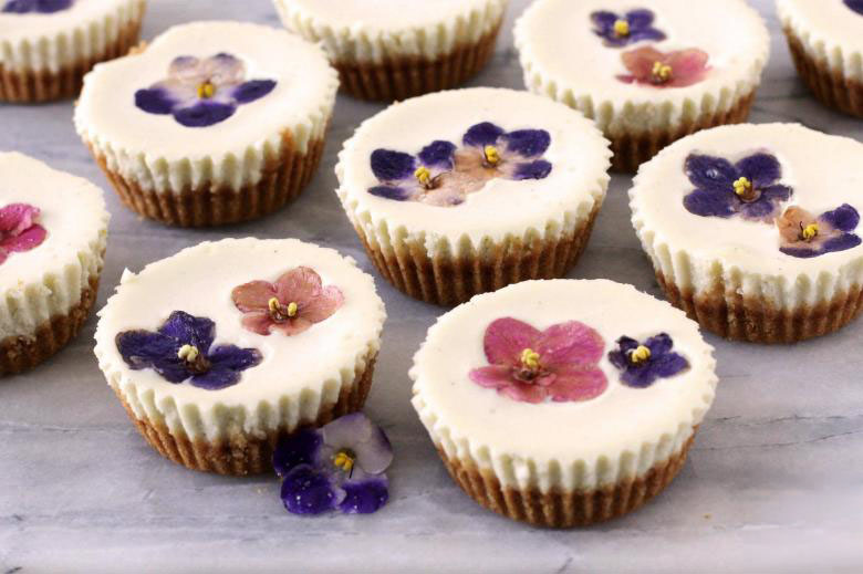 Edible Flower Topped Mini Cheesecakes